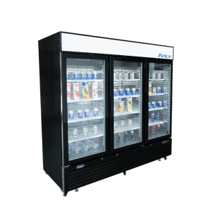 MCF8724GR — 82"-Wide Three (3) Glass Swing-Door Black Cabinet Bottom-Mount Merchandiser Refrigerator