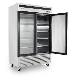 MCF8707GR — 55"-Wide Two (2) Glass Swing-Door S/S Bottom Mount Merchandiser Refrigerator
