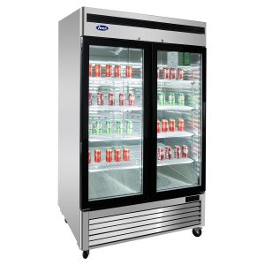 MCF8707GR — 55"-Wide Two (2) Glass Swing-Door S/S Bottom Mount Merchandiser Refrigerator