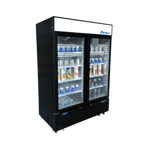 MCF8723GR — 55"-Wide Two (2) Glass Swing-Door Black Cabinet Bottom-Mount Merchandiser Refrigerator